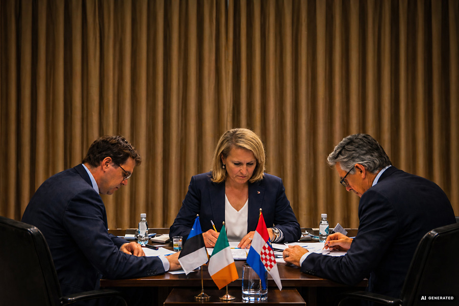 Illustrative example of an informal trilogue with an Estonian rapporteur from the European Parliament, a Croatian EU Commissioner and an Irish Minister for Economic Affairs (in the case of the EU Council Presidency). These are not real individuals; the nationalities serve illustrative purposes only.